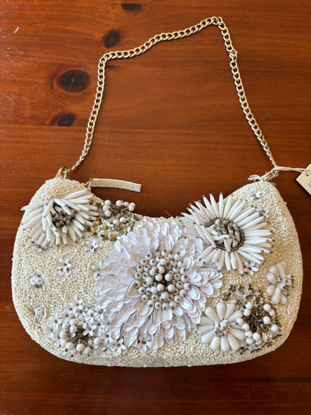 NWT Handcrafted Beaded Ivory Floral Embellished Shoulder Bag